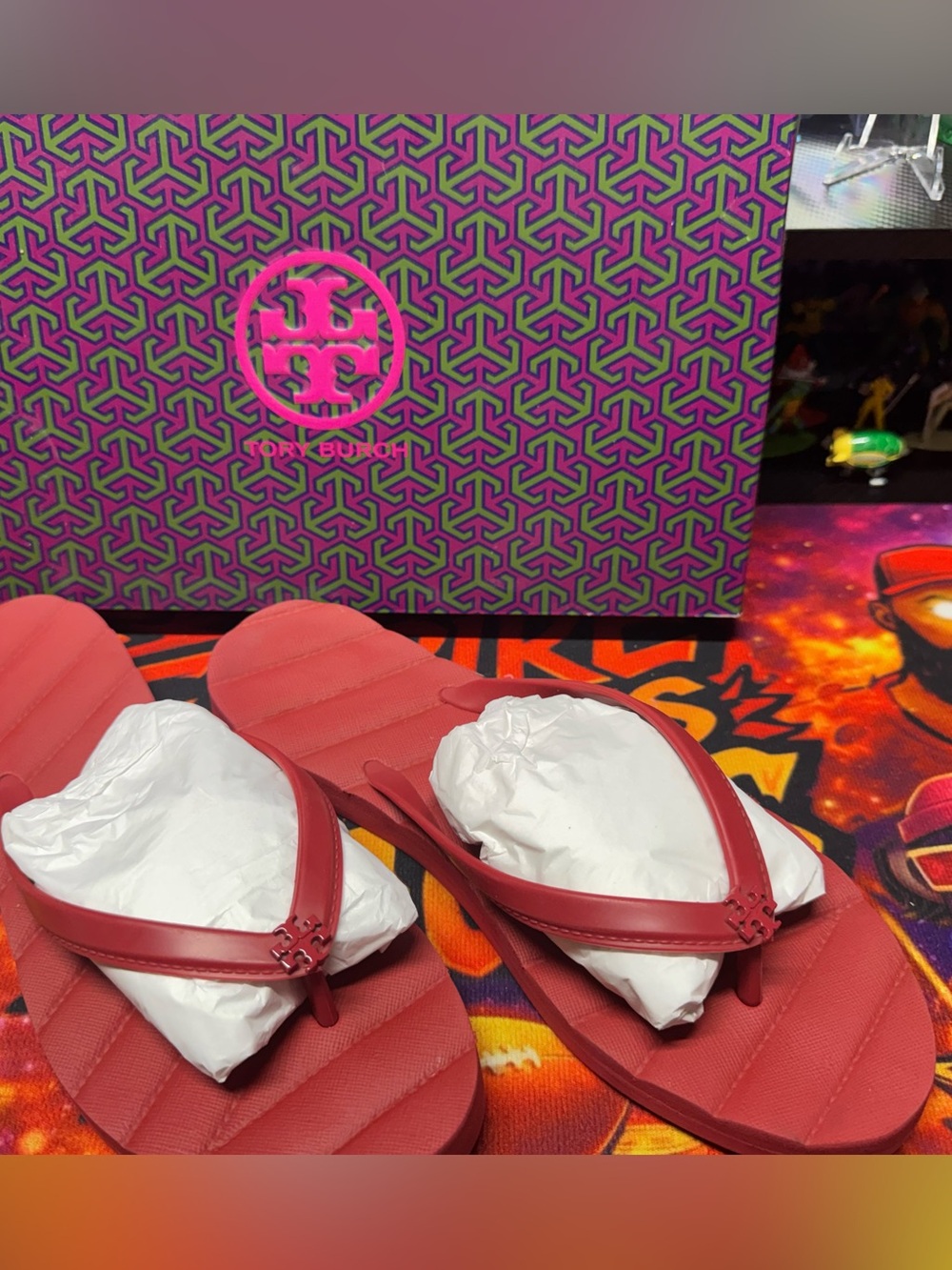 Tory Burch Coral Red Logo Thong Sandals